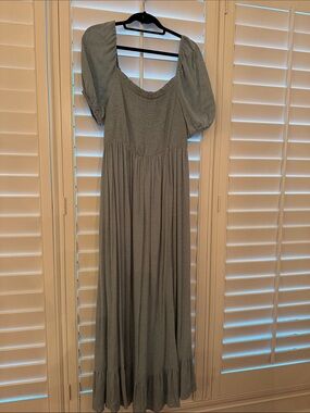 Sage Blue Puff-Sleeve Smocked Maxi Dress
